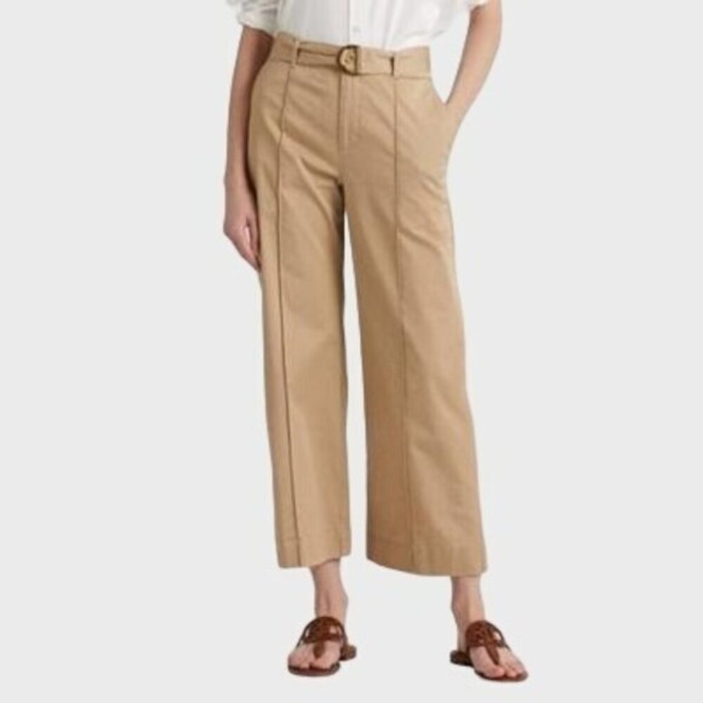 Lauren Ralph Lauren Belted Twill‎ Wide Leg Pants Tan 16 Preppy Minimalist NWT